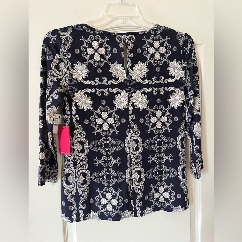 Vince Camuto Patterned Soft Navy 3/4 Length Blouse Women’s Size Small - Picture 4 of 15